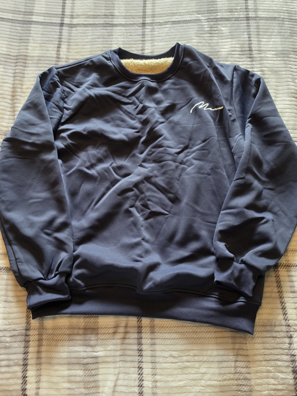 Men's Navy Fleece Lined Crewneck Sweater with Script Accent
